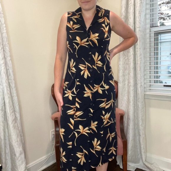 Vintage 80's Navy & Gold Bird of Paradise Button Up Shirt Dress By Studio I - Picture 1 of 2
